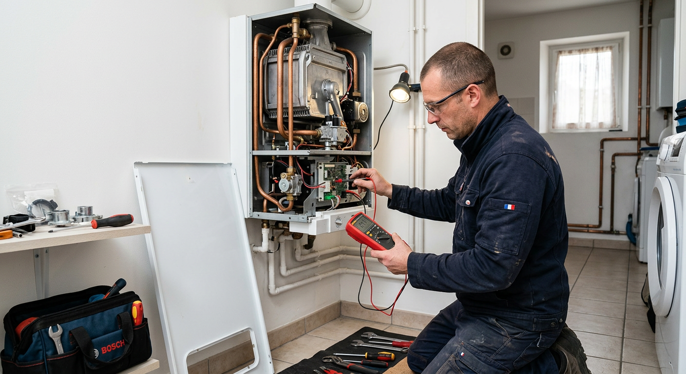 Chauffagiste réparant une chaudière gaz murale à Meaux
