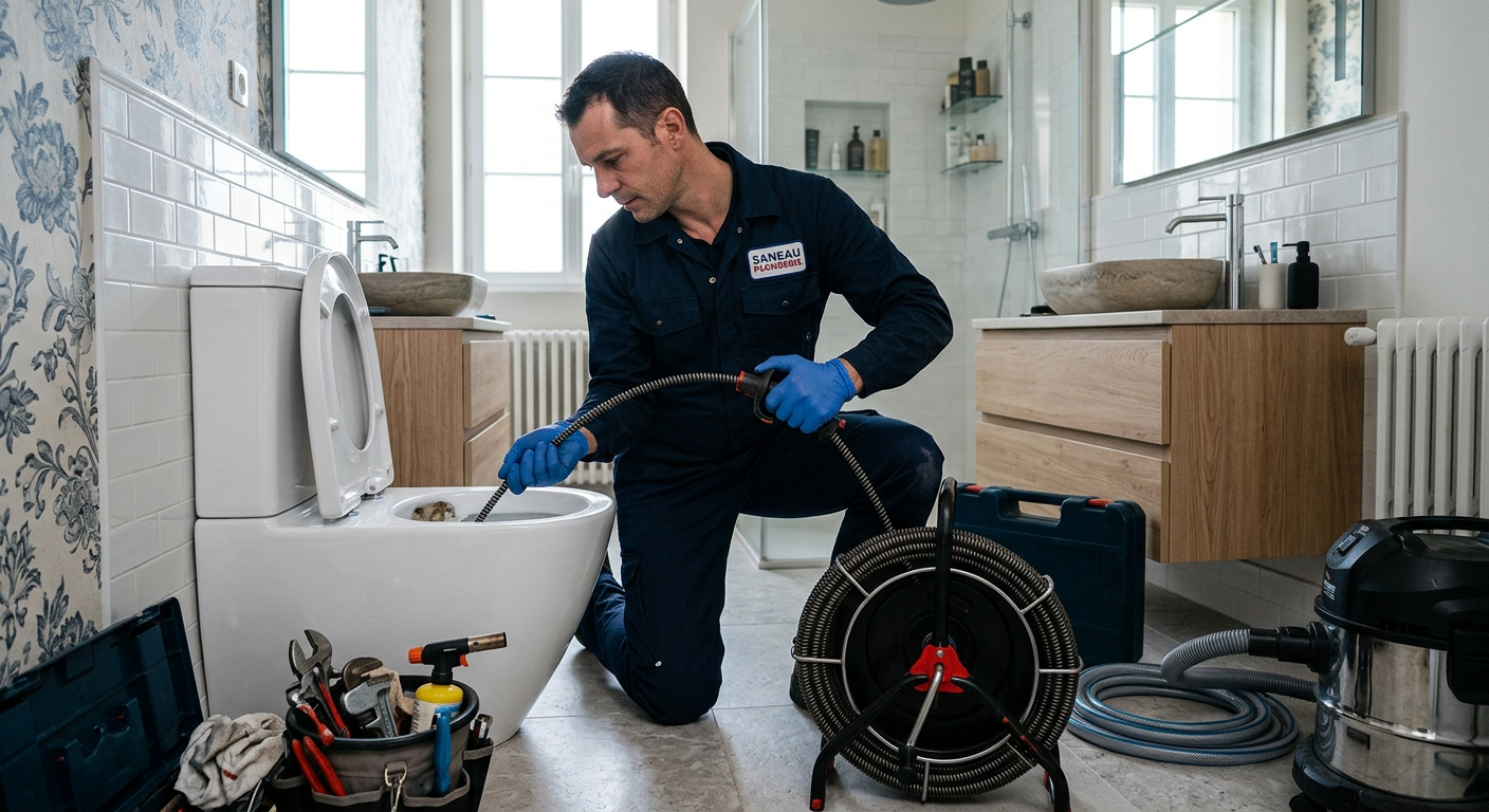 Plombier débouchant des WC avec un furet électrique à Meaux