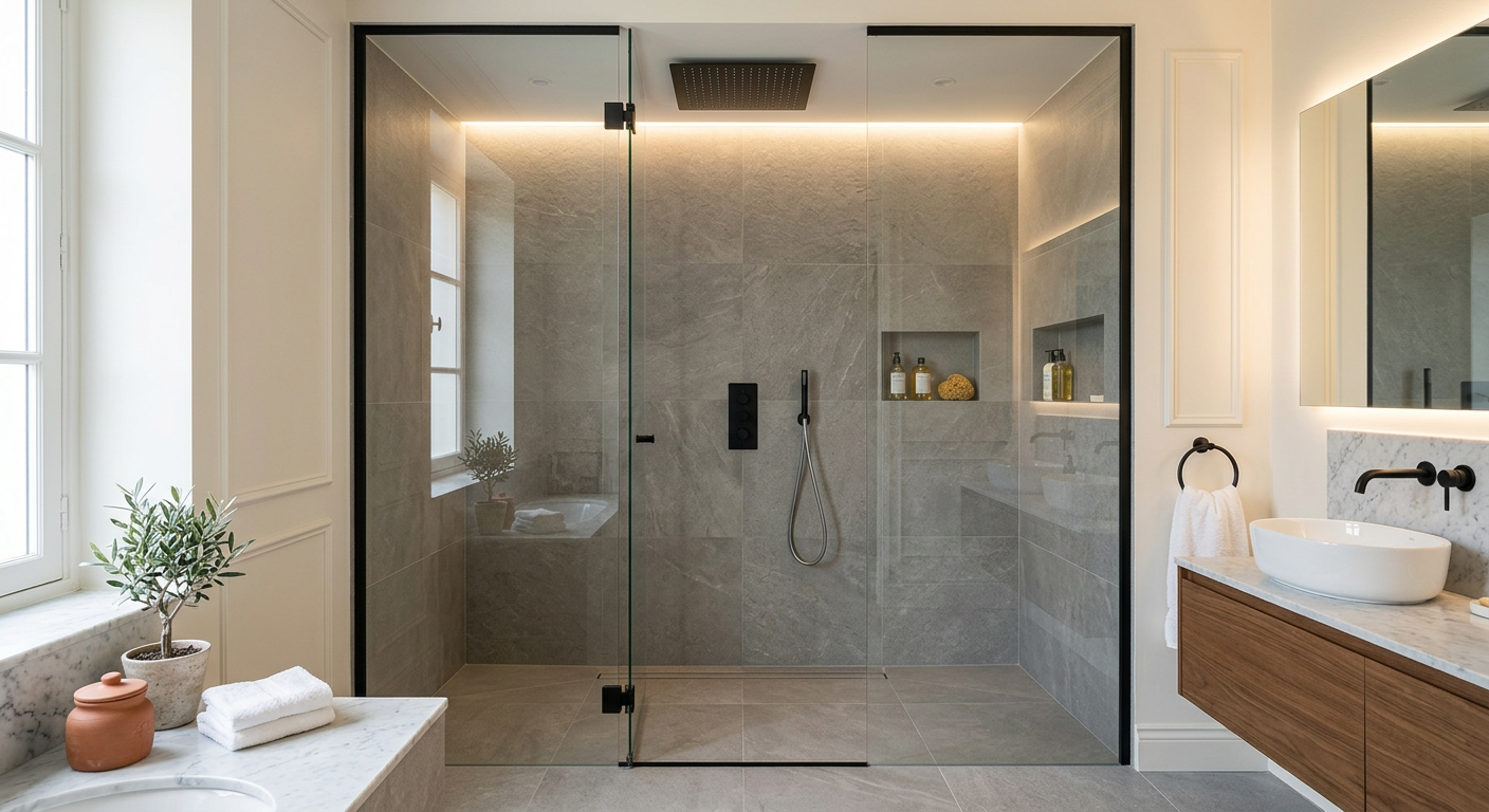 Installation de salle de bain moderne avec douche à l'italienne à Meaux
